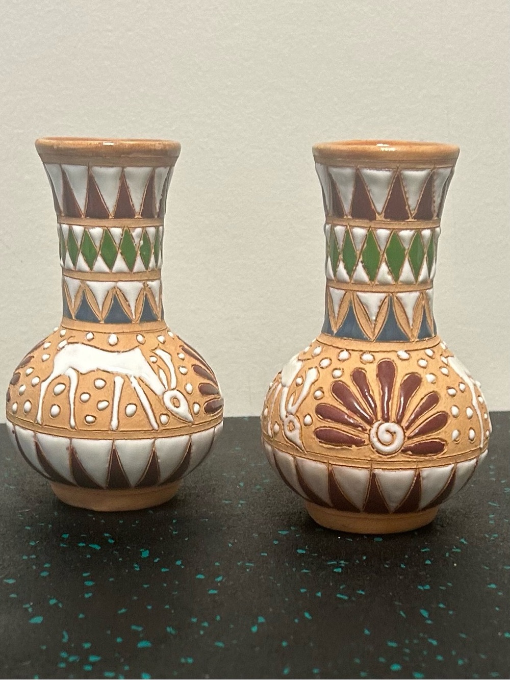 Vintage Dakas Rhodos Greek Art Pottery Hand Painted Miniature Vases Set of 2